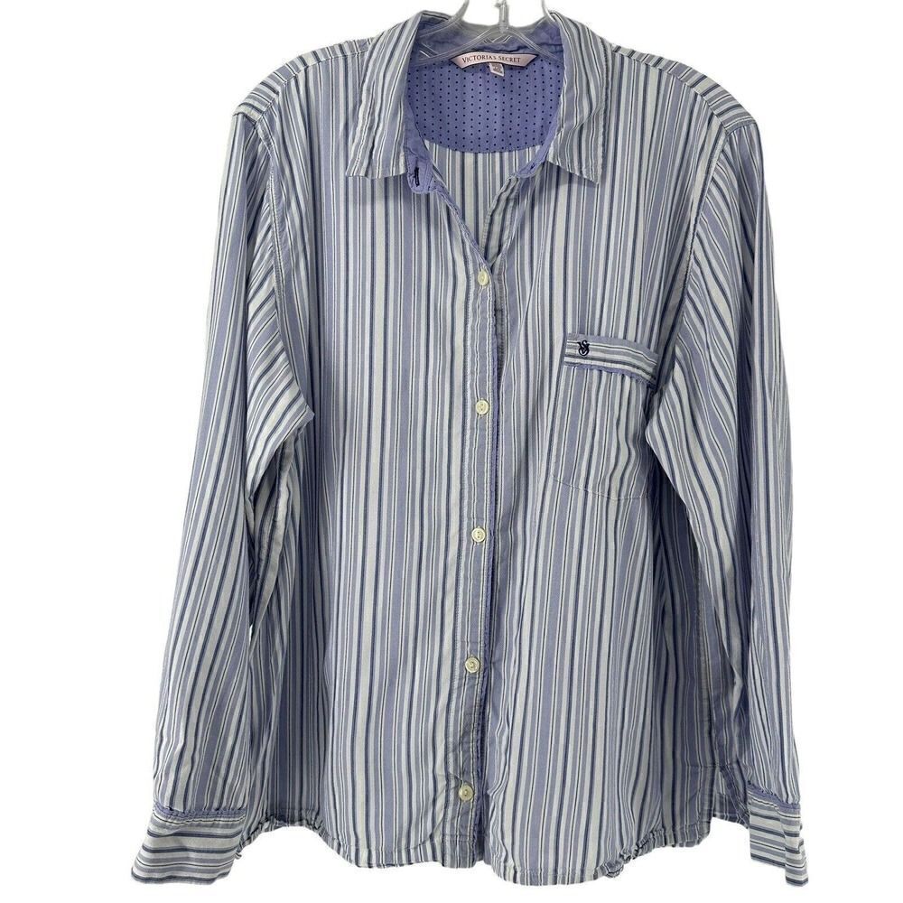 Victorias Secret Pajama Top Long Sleeve Collared Purple Striped Size L Button Up
